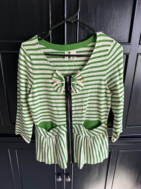 Moth Anthropologie Four Petals Bow Cardigan Size L EUC Green Striped